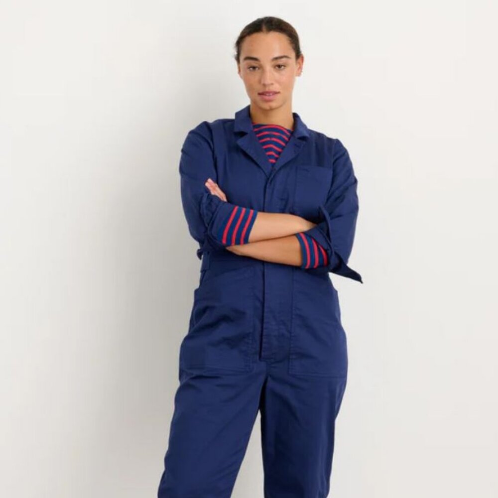 Alex Mill Navy Blue Utility Jumpsuit with Red-Striped Top